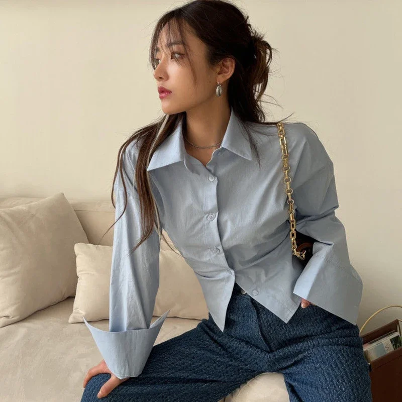 Korean Bandage Shirt Women Fashion Backless Sexy Blouse Office Ladies Casual Slim Chic Turn Down Collar Long Sleeve Tops