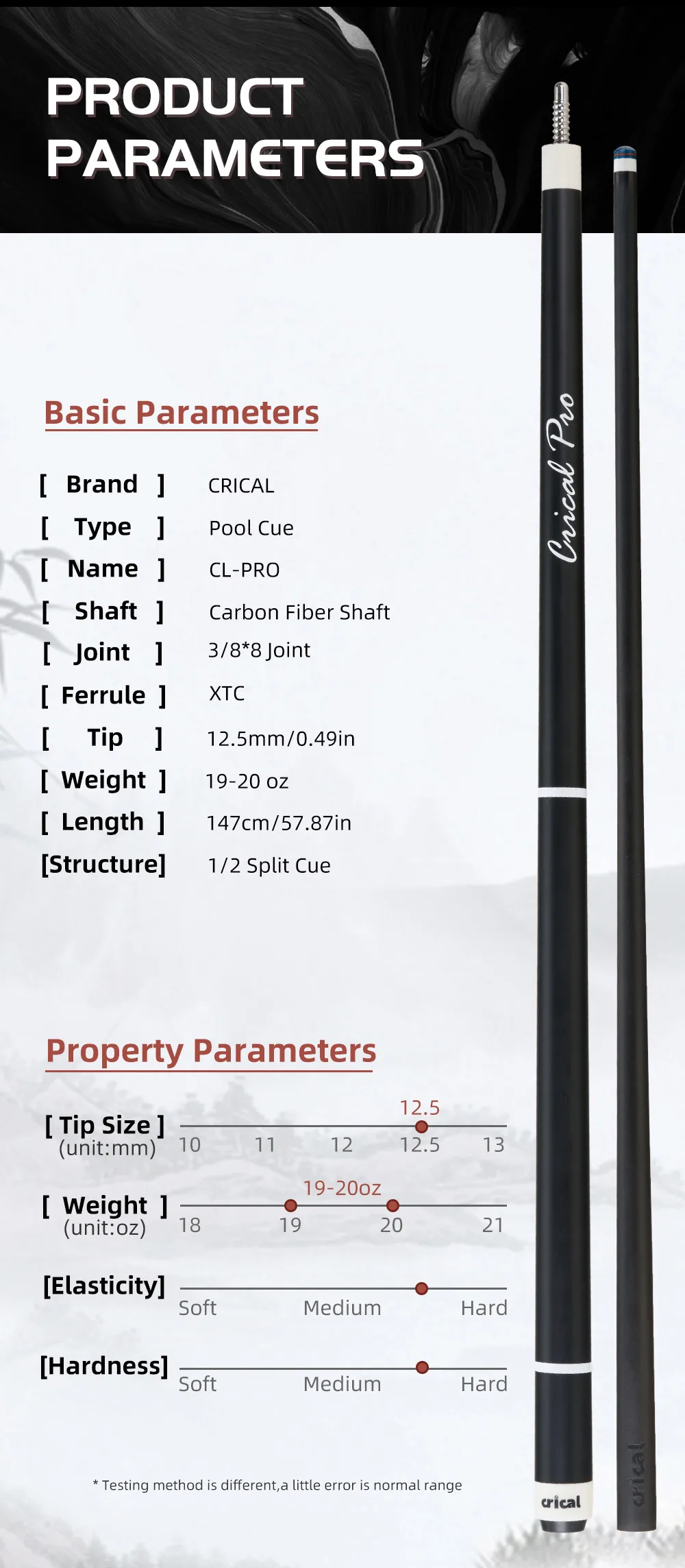 CRICAL Pro Billardqueue aus Carbonfaser, geringe Abweichung, 12,5 mm Saphirspitze, 3/8x8 Stahlverbindung, mattierter Griff, XTC, 58 Zoll, 19-20 Unzen – Detail 3