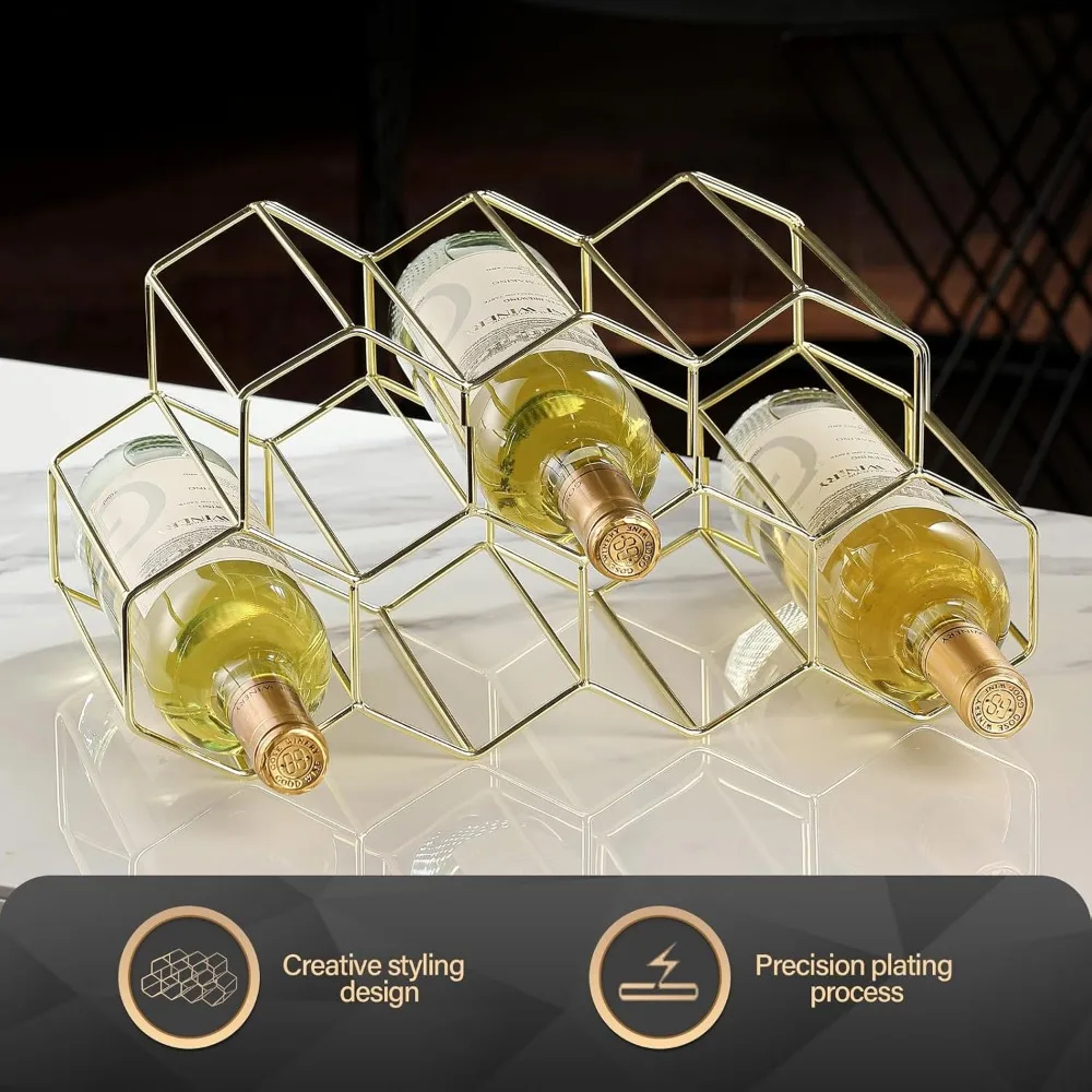 countertop wine rack - 9 bottle freestanding modern gold metal small - 2 tier tabletop wine holder stand for cabinet, pantry - w