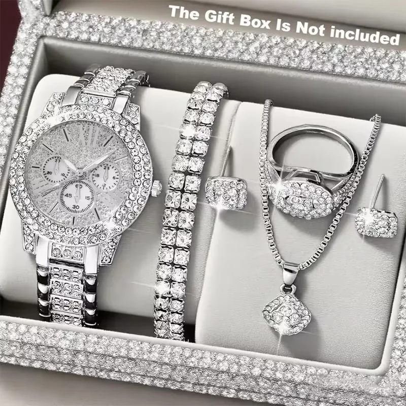 6PCS Women Rhinestone Watch Jewelry Set Bling Crystal Quartz Wristwatch Bracelet Necklace Ring Earrings Accessories（Without Box）