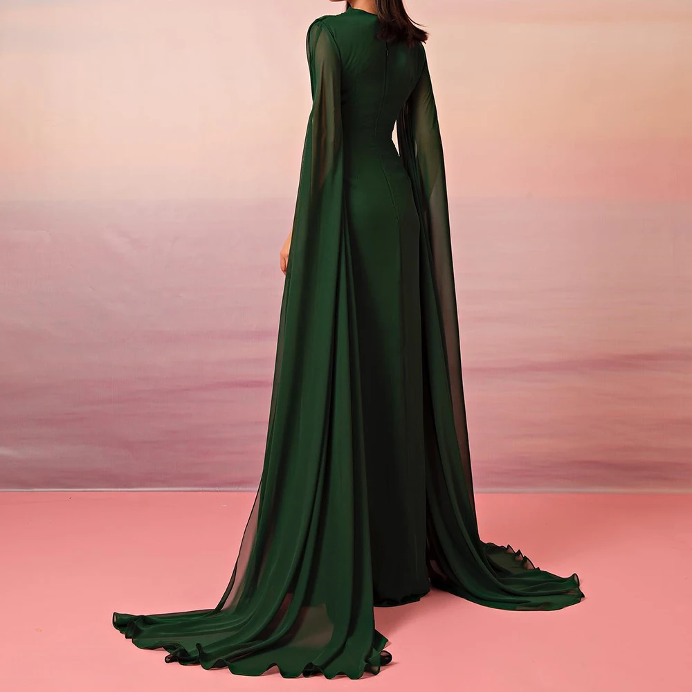 Customized Modern Jersey Straight Evening Dress V-Neck Half Sleeves Floor Length Panel Train Solid Color Zipper Back Prom Gowns