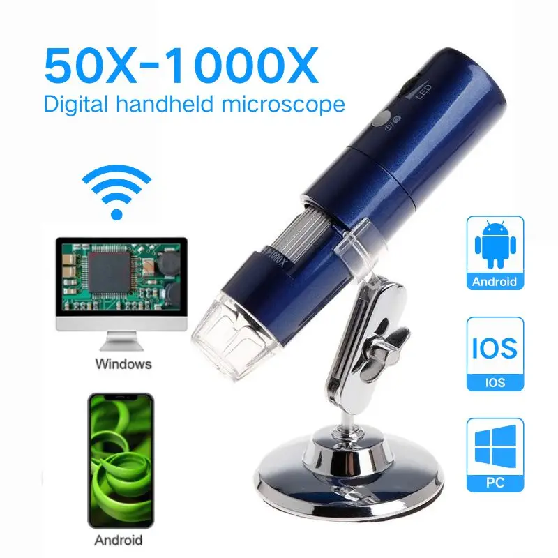 Wifi Digital Microscope 50X-1000X Magnification Handheld Microscope With Adjustable Stand for Kids Gifts Support IOS & Android