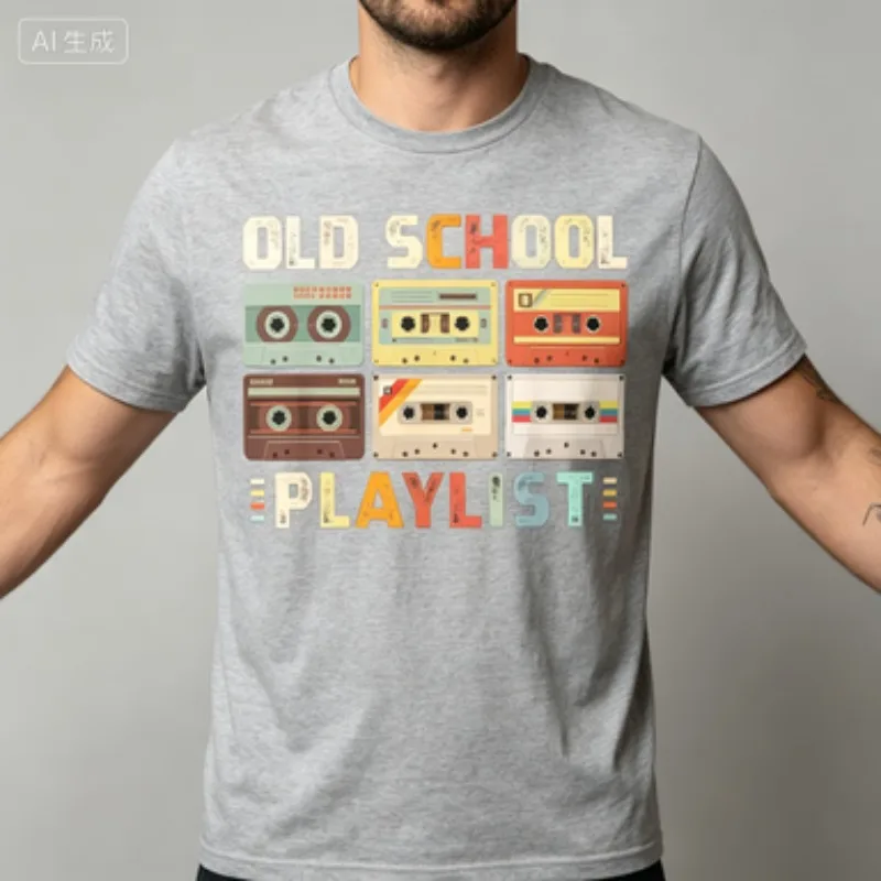 Men  Crew T‑Shirt, Slim Standard Fit Tee, OLD SCHOOL PLAYLIST Retro Cassette Tape Graphic Vintage Music Casual Short Sleeve Tops