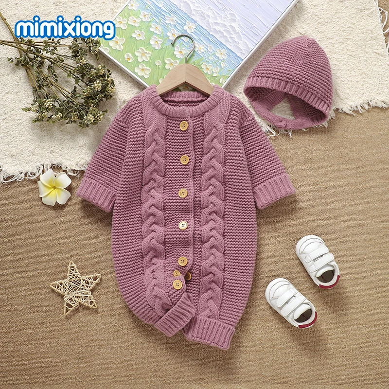 

Baby Rompers Knit Winter Pink Long Sleeves Newborn Infant Girls Jumpsuits Hats Outfits 0-18m Toddler Kids Playsuits Clothes Sets