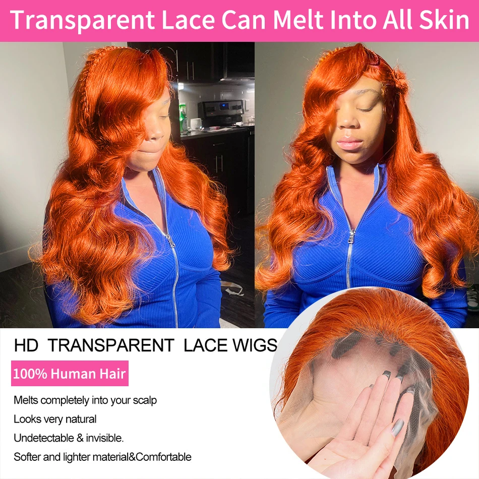 36 بوصة الزنجبيل البرتقالي الدانتيل الجبهة الباروكات شعر الإنسان قبل قطعها 200% الكثافة الجسم موجة 13x4 13x6 Hd الدانتيل الشفاف الباروكات الأمامية #4