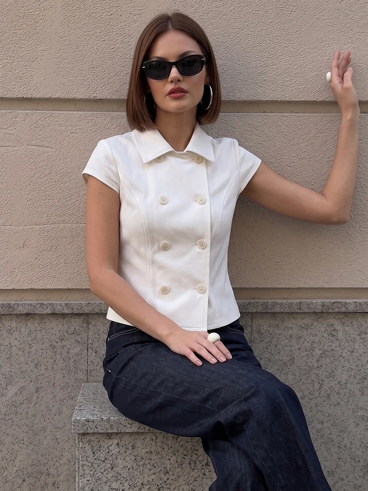 HH Women Summer White Double Breasted Top Lapel Collar Short Sleeve Relaxed Fit For Holiday Gathering Beach Vacation Party Wear