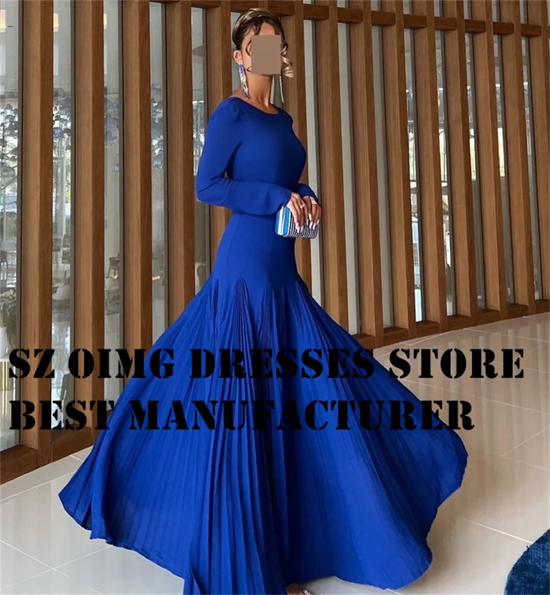 OIMG Elegant A-Line Ruched Prom Dresses Long Sleeves O-Neck Floor Length Satin Ruched Blue Evening Gowns Formal Party Dress