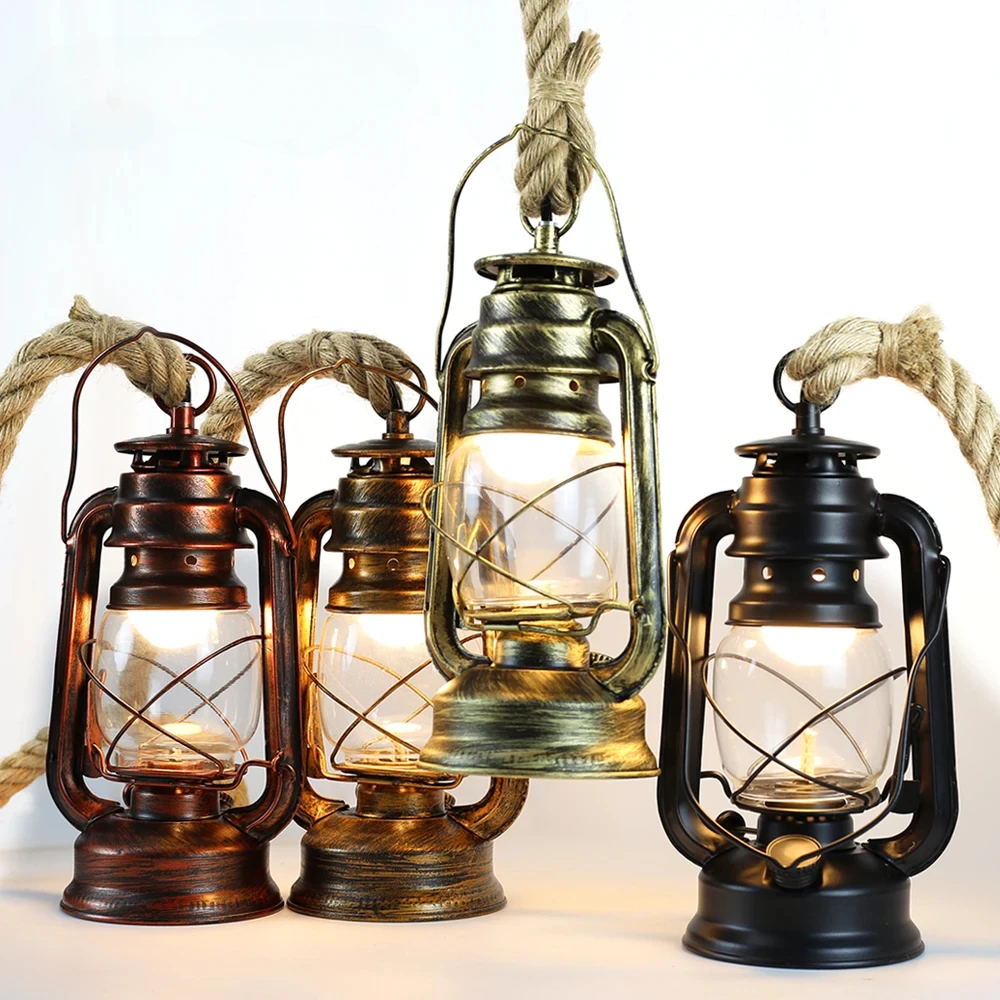 

Retro Kerosene Pendant Light Fixture Hemp Rope E27 AC110V 220V Ceiling Lamp Living Room For Home Decor Vintage Hang