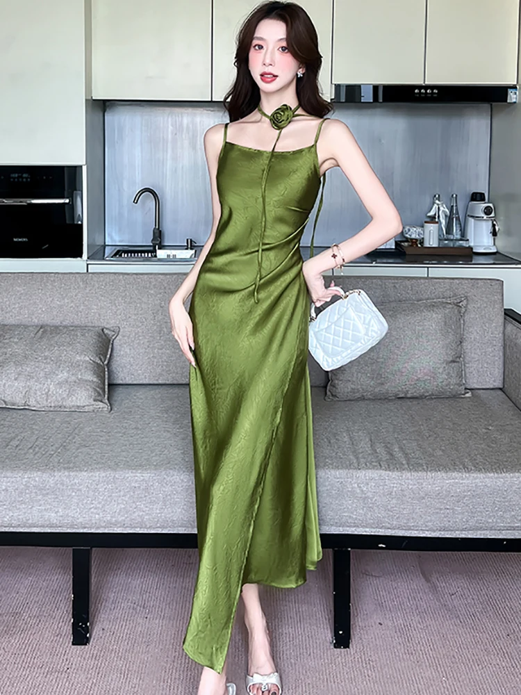 Frauen Grün Jacquard Satin Chic Sling Sexy Langes Kleid Sommer Elegante Casual Urlaub Kleid 2025, Koreanische Mode, Figurbetontes Abendkleid