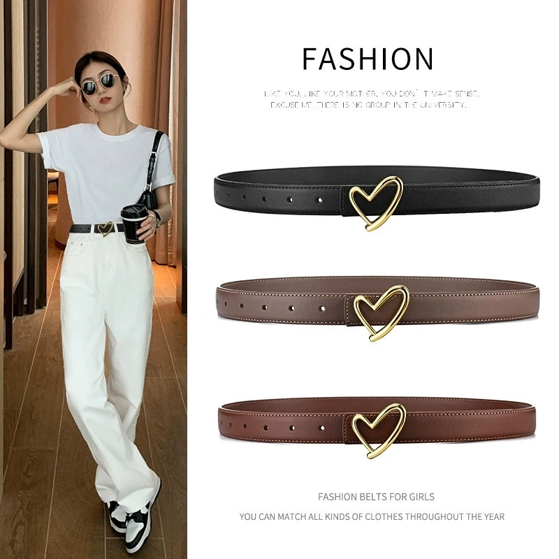 Women's Leather Belt with Smooth Heart Buckle, Minimalist and Premium Style, Suitable for Jeans, Suits, and Dresses