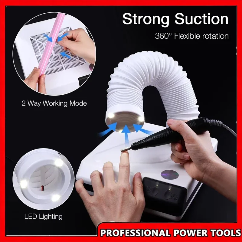 

60W Nail Dust Collector Double Use Retractable Elbow Design Nail Dust Extractor Fan with Tube - Nail Vacuum Cleaner