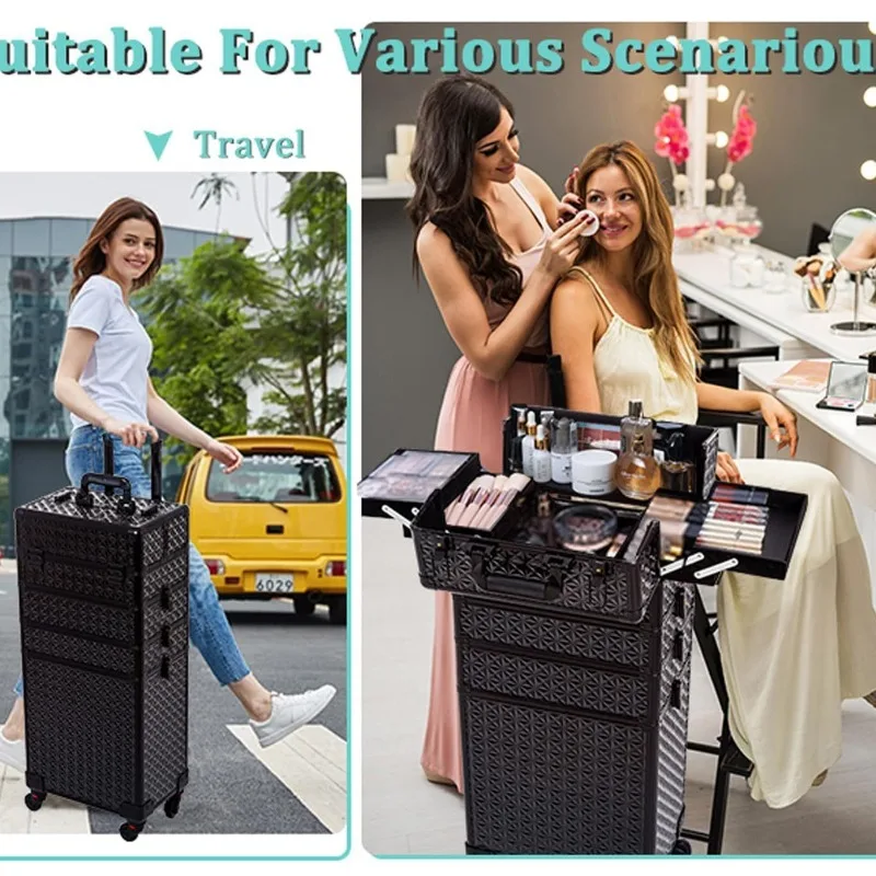 5 in 1 Rolling Makeup Case Transformable Cosmetic Trolley Professional Makeup Train Case on Wheels, Extra Large Cosmetic Case