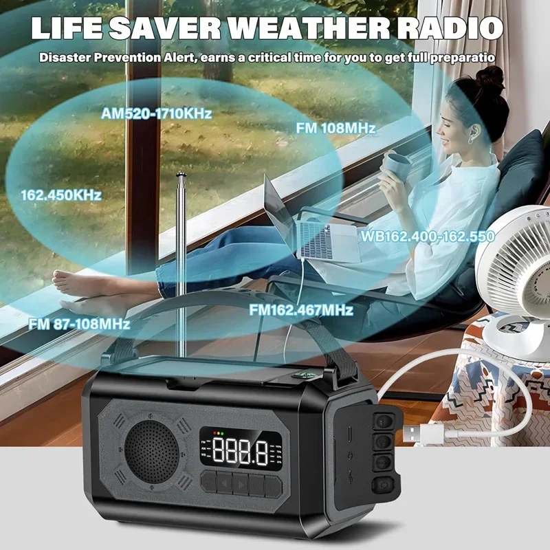 

12000Mah Emergency Weather Radio Radio Portable Hand Crank Solar AM/FM/NOAA Radio With Flashlight Reading Lamp