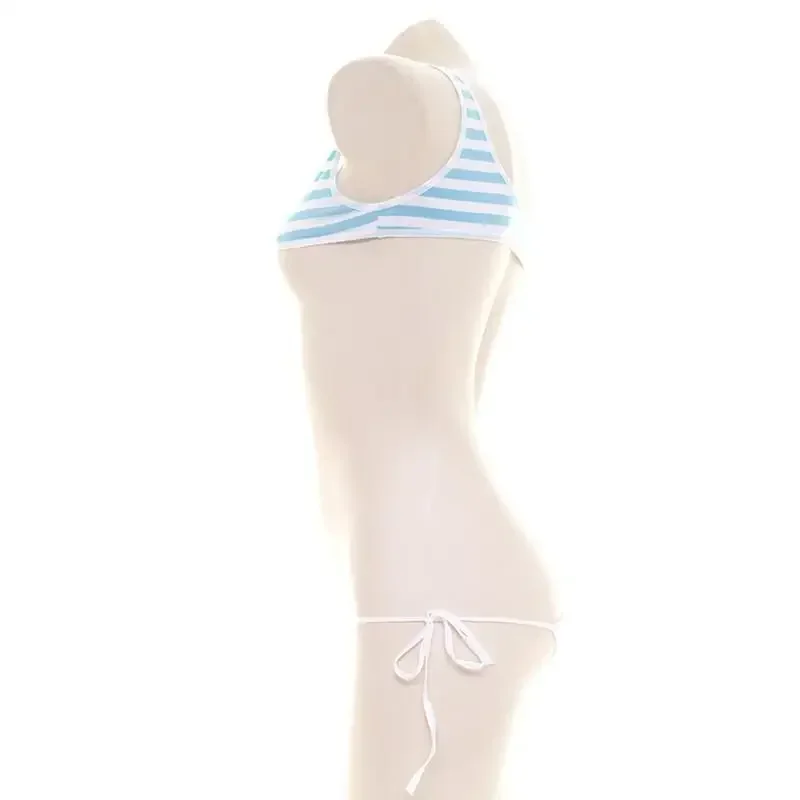 Blue White Stripe Bikini Set Women Swimsuit Striped Halter Micro Bikini Set Lolita Kawaii Swimsuit Backless String Tied Bathing view 4