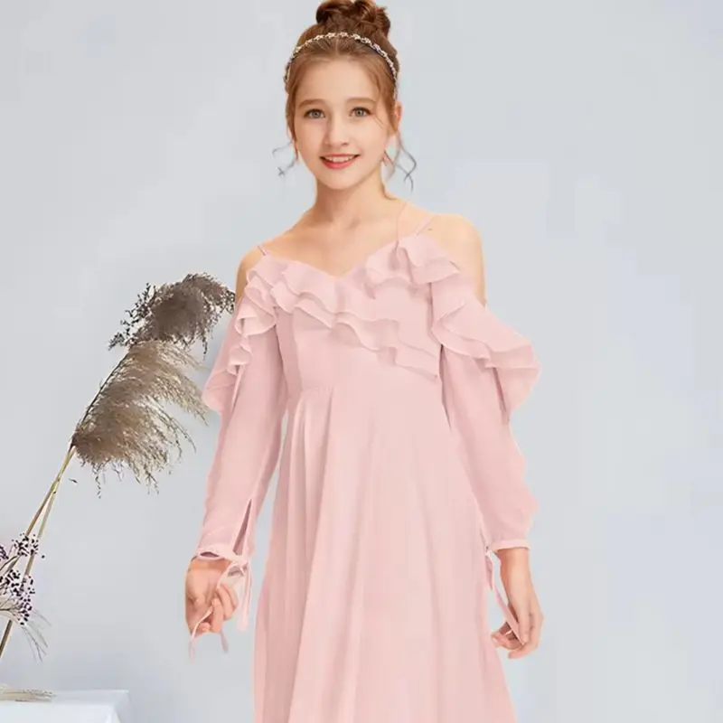 Vestido de Dama de Honor Juvenil de Gasa Largo hasta el Suelo con Hombros Descubiertos y Corte en A, Color Rosa Rubor, para Boda o Comunión