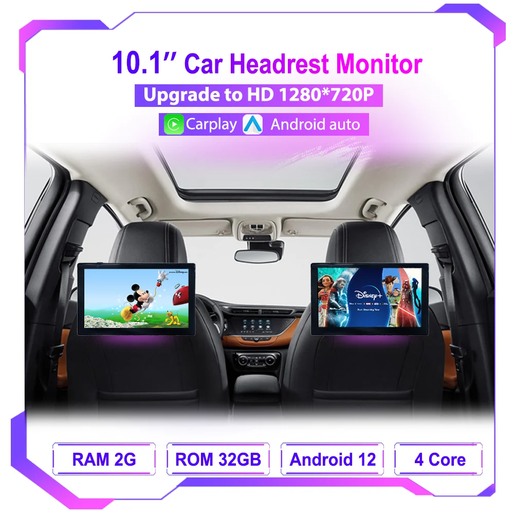 Moniteur d'appui-tête de voiture Android 10.1 pouces HD 1280x720, lecteur multimédia pour siège arrière, lumières ambiantes Apple Carplay, entrée BT SD HDMI