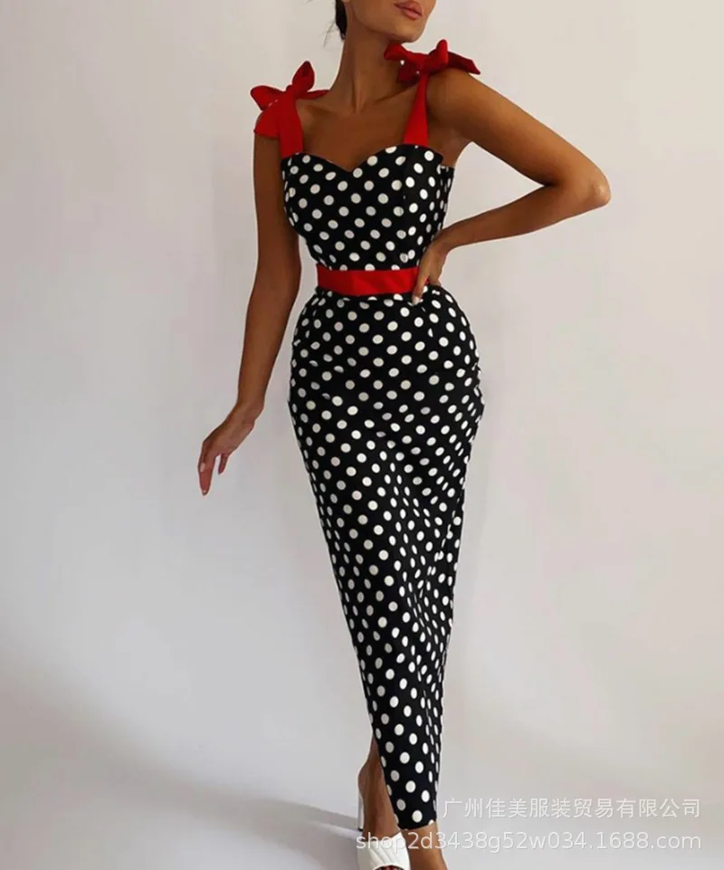 Vrouwen Jurk Lente En Zomer Schouder Taille Polka Dot Contrast Stiksels Mode Strik Mouwloze Sling Hoge Taille Jurk