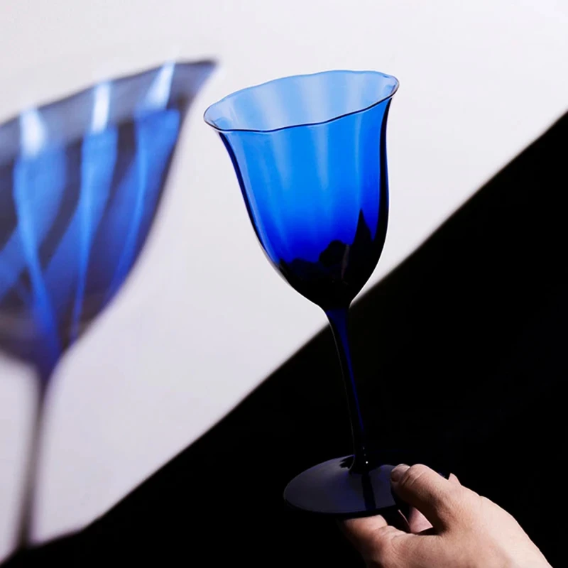 French Blue Vintage Flower Pattern Handmade Crystal Goblets Ultra Thin Red Wine Glass Champagne Martini Glasses