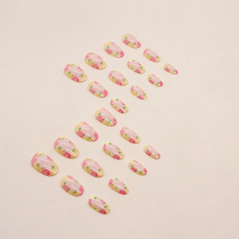 24개입 봄/여름 신선하고 다채로운 귀여운 작은 꽃 프레스온 네일 아몬드 모양 풀커버 착용 가능한 인조 네일