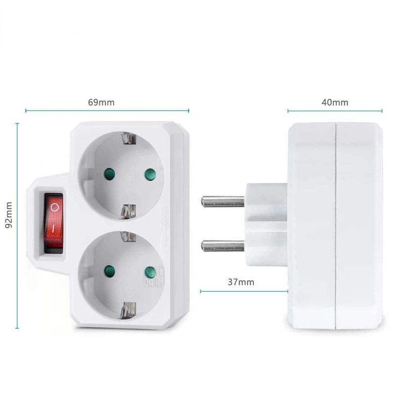 16A 1 TO 2 Way EU Plug Adapter Socket With ON/OFF Switch Travel Power Supply Socket 2 Pin European Electrical Sockets Converter