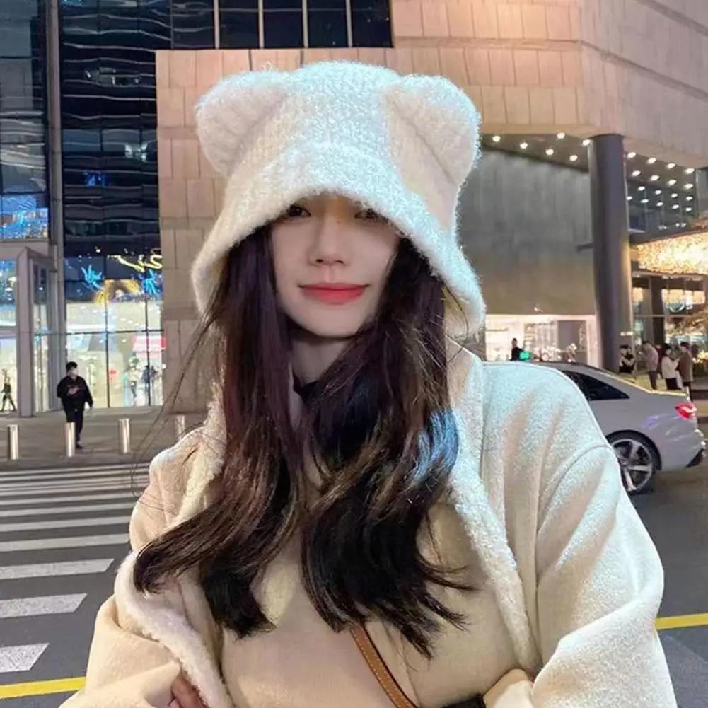 Gorros de felpa de invierno, bonito gorro de lana con orejas de oso, cálido con cordones, protección para los oídos, gorro de bombardero tejido, Gorros tejidos de Corea para mujeres