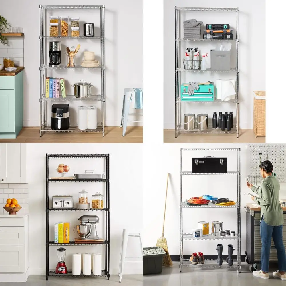 

Adjustable Heavy-Duty Steel Wire Rack for Space-Saving Storage in Kitchen or Garage, 350 lbs Capacity, 36 x 14 x 72, Chrome Fini