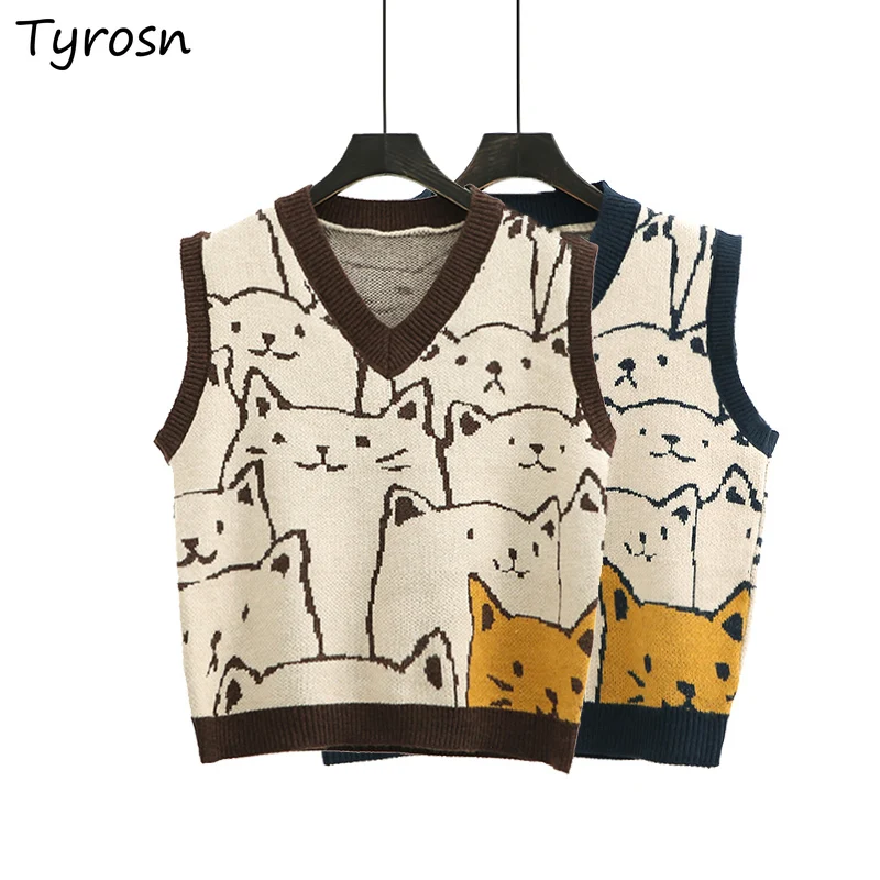 

Cozy Winter Sweater Vests Women Lovely Cartoon Design Chic Cropped Soft V-neck Leisure Students Vintage Sleeveless Knitting New