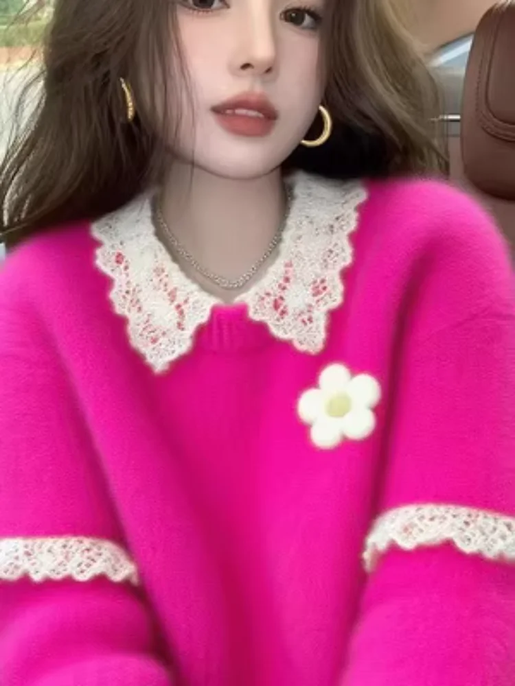 

Trendy Spliced Lace Knitted Sweater Women's Winter Lazy Unique Super Beautiful Soft Airy Overhead Lace Knitwear Top