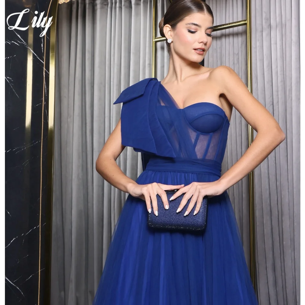 Lily Navy Blue Elegant Prom Dress One shoulder Sweetheart Prom Gown Sleeveless Hollow Beach Dresses with Fishbone robes du soir