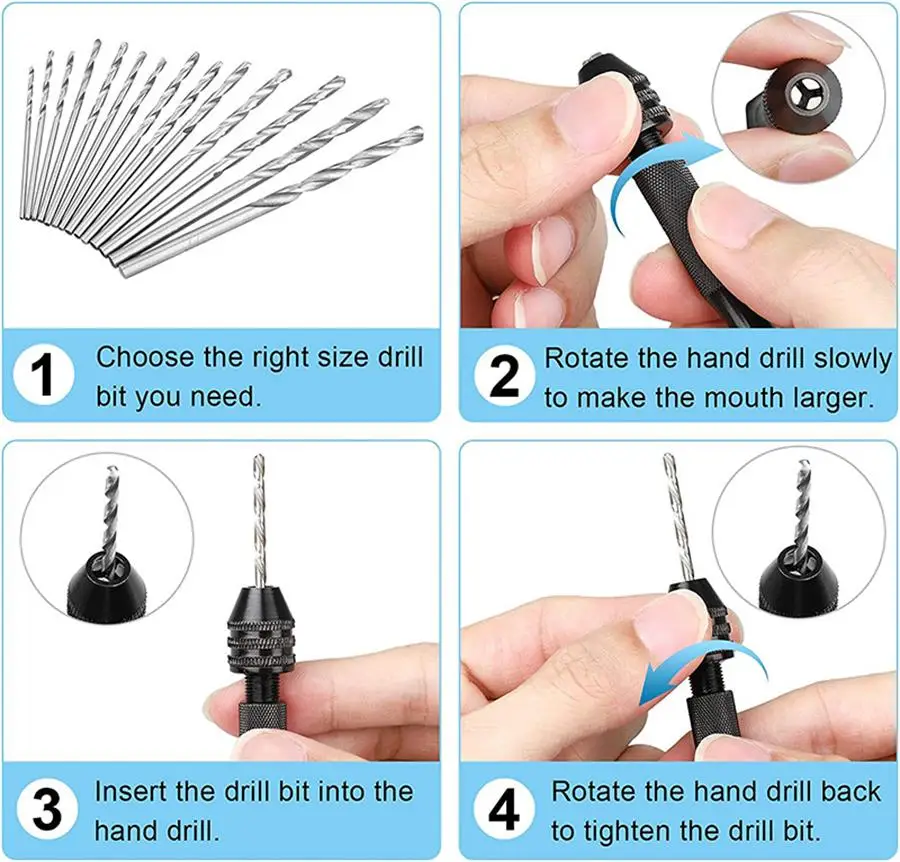 Mini Tool Set with Black Hand Twist Drill 10Pcs Fried Dough Twists Drill for Woodworking Drilling Rotary Wood Holes Tools