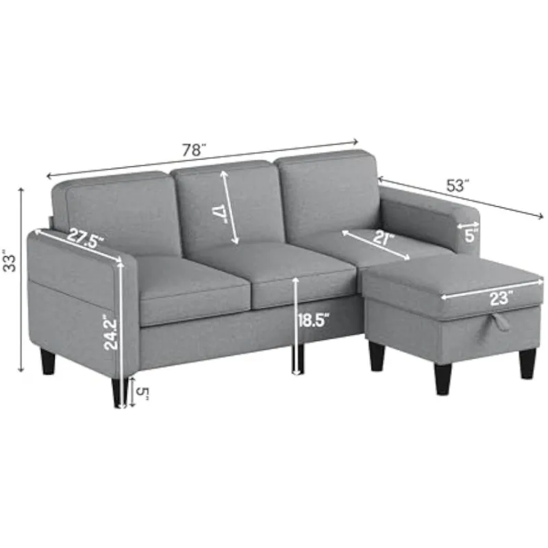 Convertible Combination Sofa with Modern Grey Linen Fabric Upholstered 3-seat L-shaped Sofa Storage Reversible and Pockets