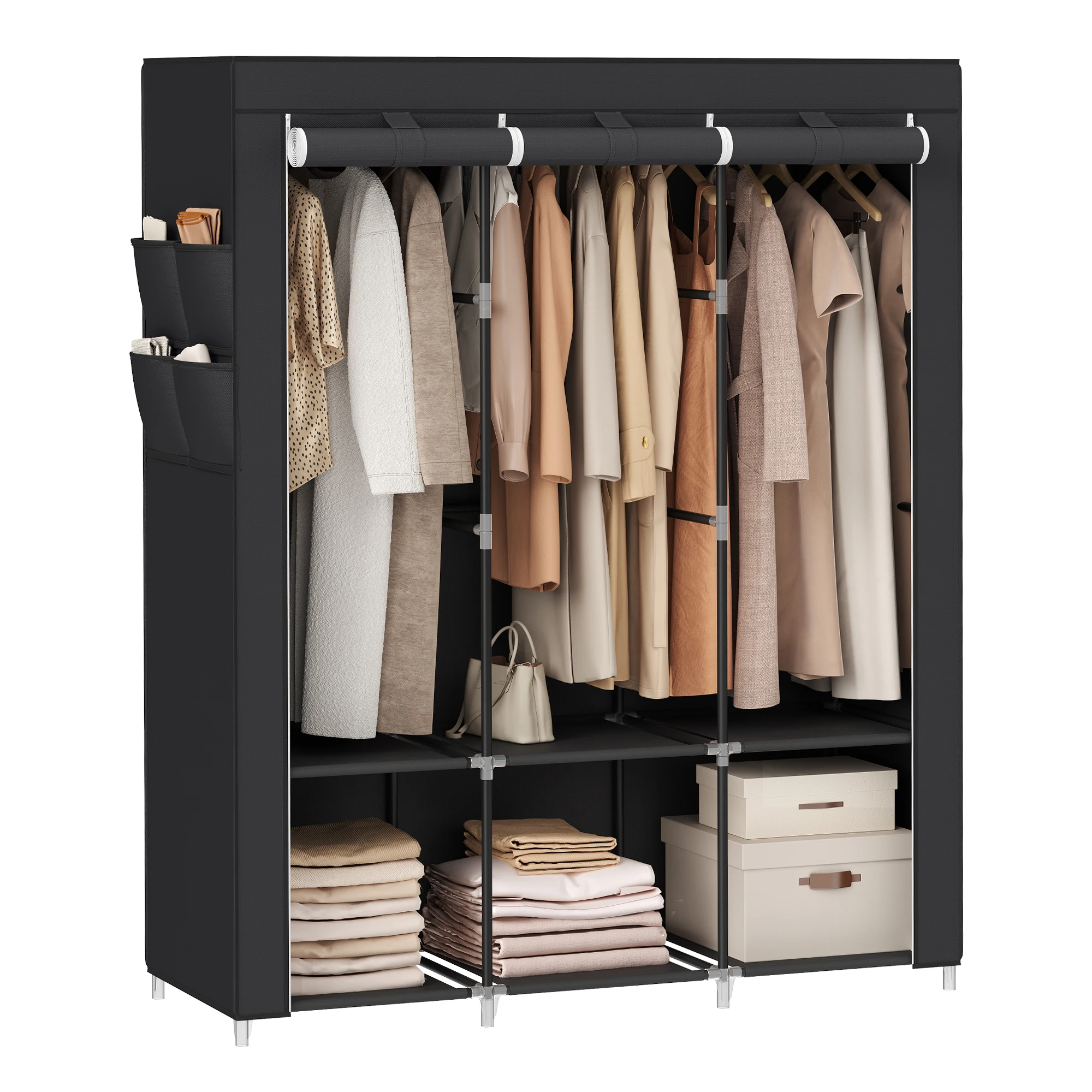 SONGMICS Clothes Wardrobe, Portable Closet with Cover, 130 x 45 x 167 cm, 3 Hanging Rails, Shelves, 4 Side Pockets