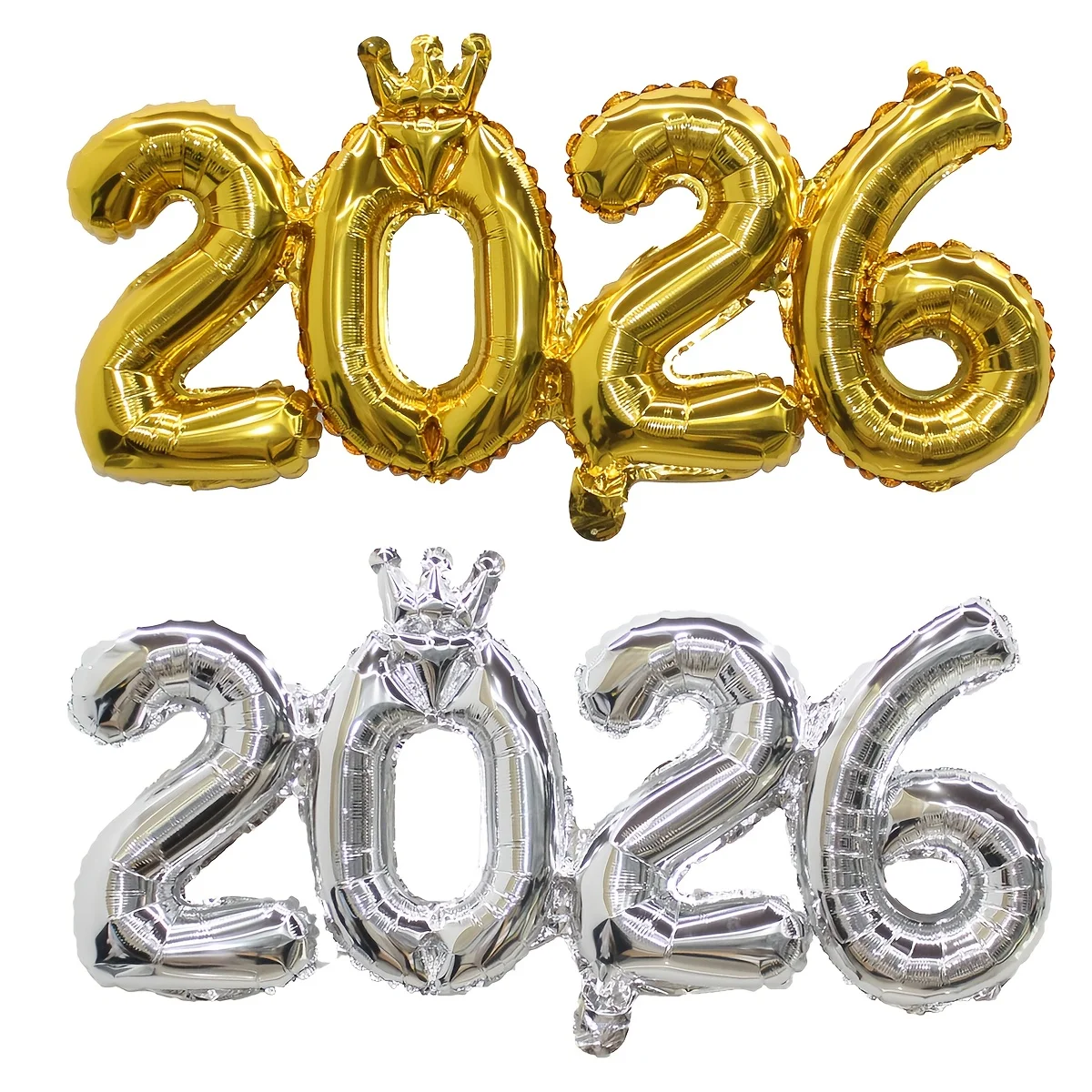 بالونة السنة الجديدة 2026 مقاس 16/32 بوصة باللون الذهبي والفضي 2026 بالون من رقائق معدنية مع تاج لزينة حفلات ليلة رأس السنة الجديدة لعام 2026