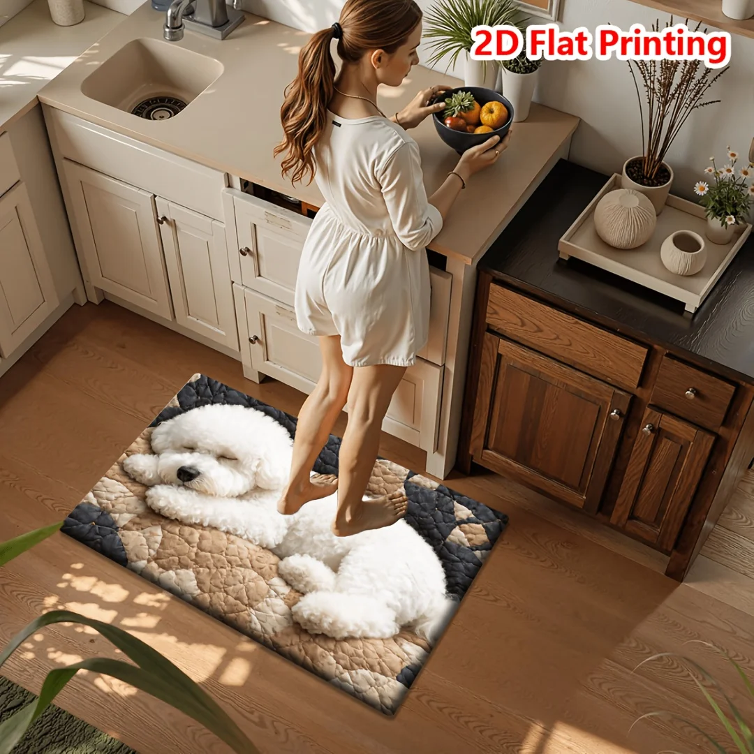 2D Flat Sleeping Bichon Frise Dog Realistic Flannel Pet Mat Non Slip Cozy Animal Rug For Bedroom Living Room Floor
