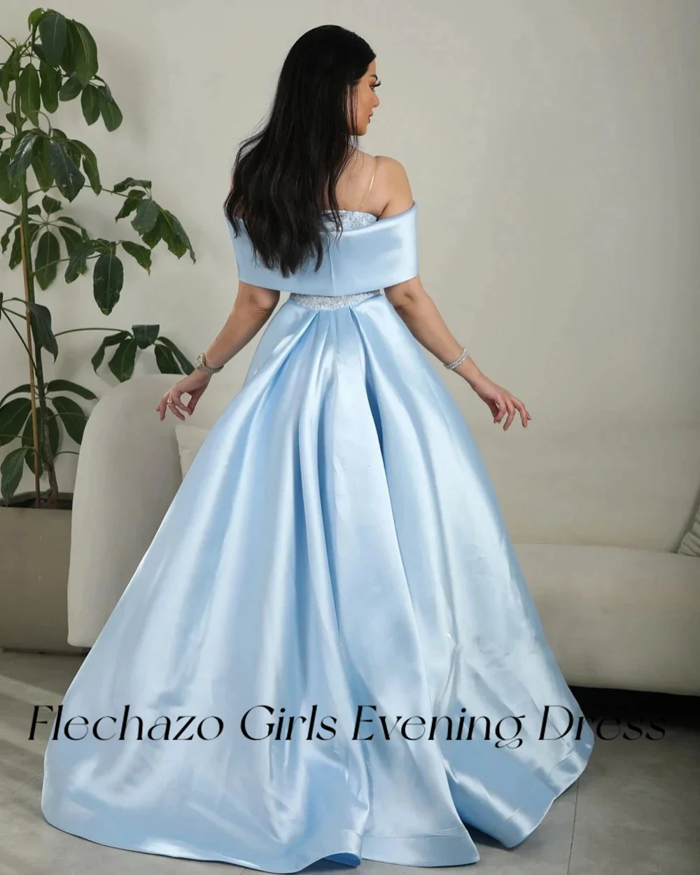 Flechazo Sky Blue Satin Prom Dresses Off Shoulder Beads Floor-length Formal Occasion Party Dress For Women 2024 vestidos de gala