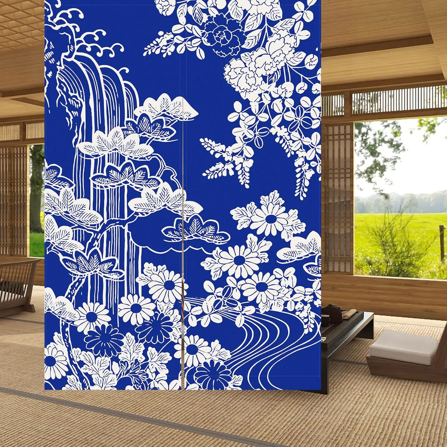 Japanese Indigo Blue Floral Door Curtain,White Peony & Chrysanthemum Print For Home Entrance,Elegant Oriental Decor Room Divider