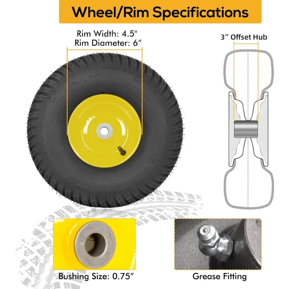 (2 Pack)   15x6.00-6 Tubeless Tire and Wheel Assembly, Replacement Lawn Mower Front Tires, Compatible with John Deere Riding