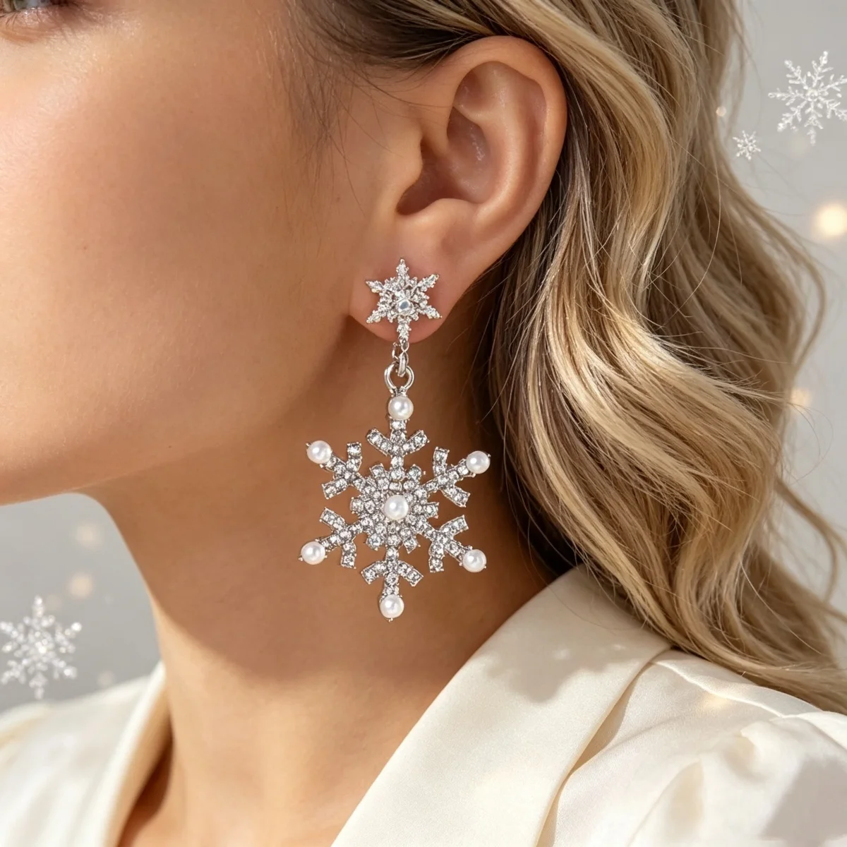Weihnachtliche funkelnde Strass-Ohrringe mit simulierten Perlen und Schneeflocken für Damen, Neujahrsparty, Schneeflocken-Ohrringe, Feiertagsschmuck – Detail 7
