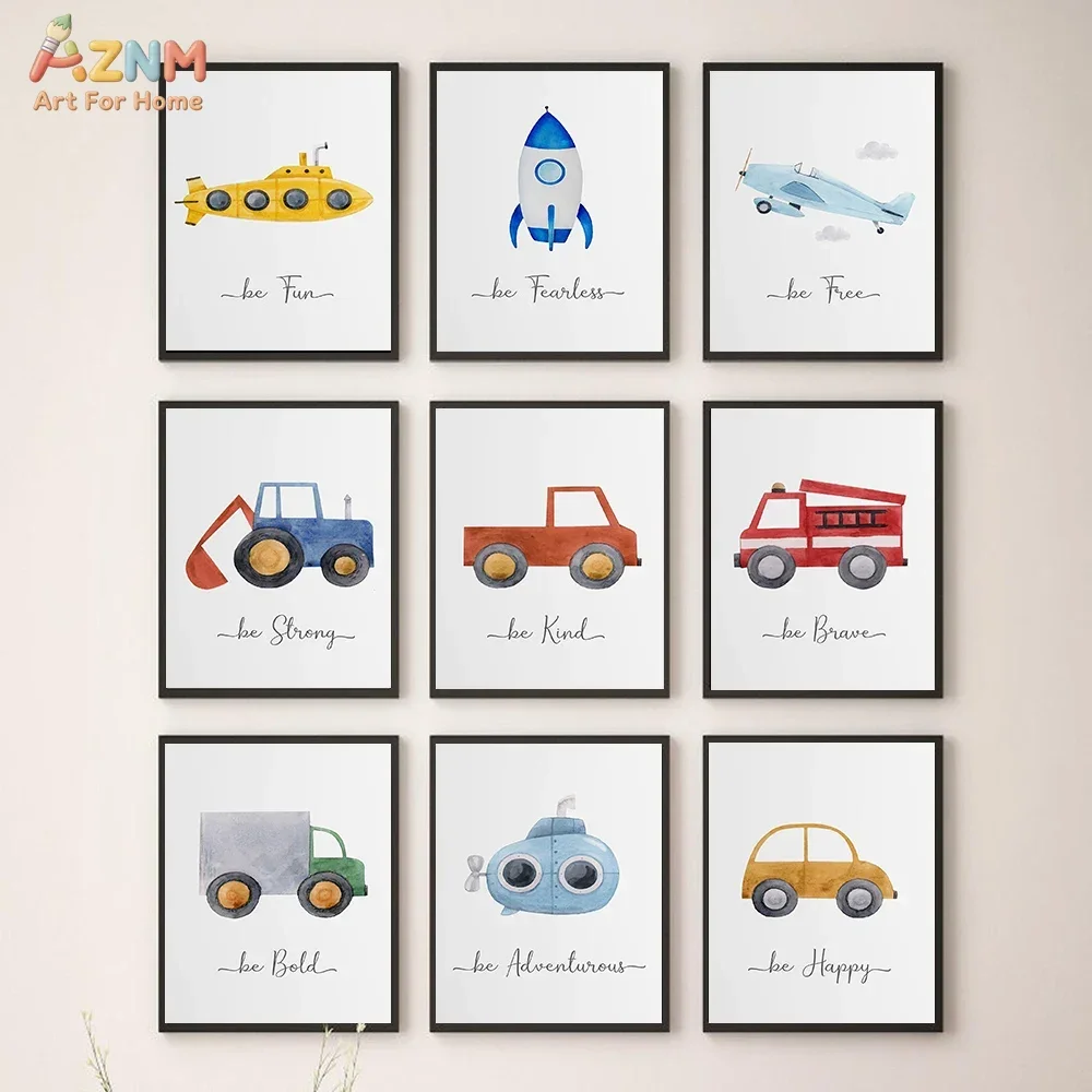 AZNM Watercolor Transport Vehicle Canvas Wall Art, Rocket Airplane Submarine Fire Truck Tractor Inspirational Quote Print, Boys