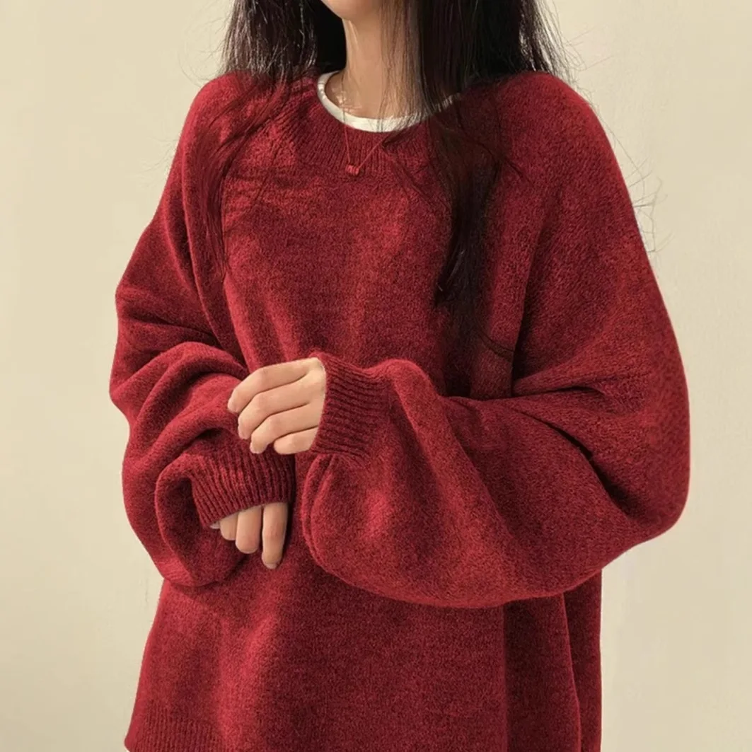 

European and American women's casual versatile solid color pullover sweater loose long sleeved knitted sweater
