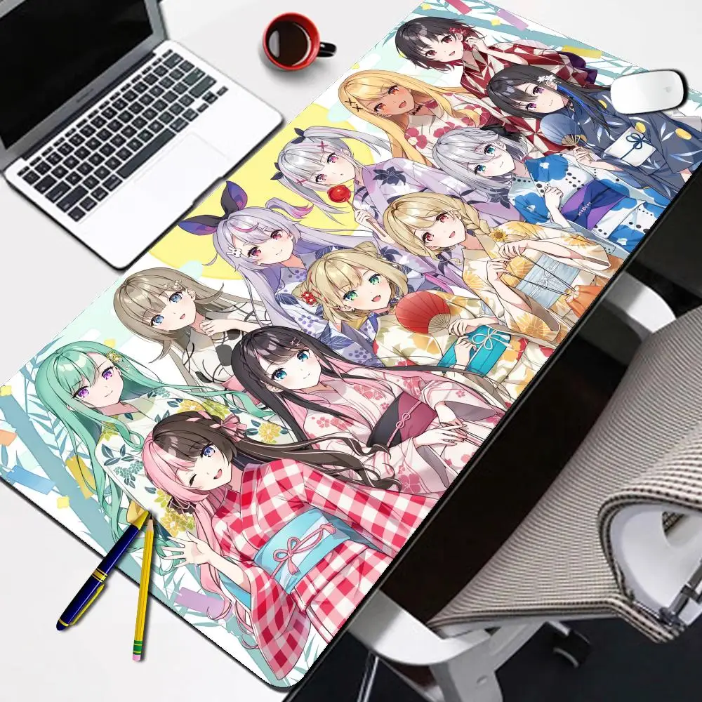 Gaming-Mauspad, Schreibtischunterlage, Rutschfeste Gummiunterseite, Genähte Kanten, Kimono-Anime-Mädchen-Gruppen-Kunstdruck, Erweiterte Büro-Gamer-Matte