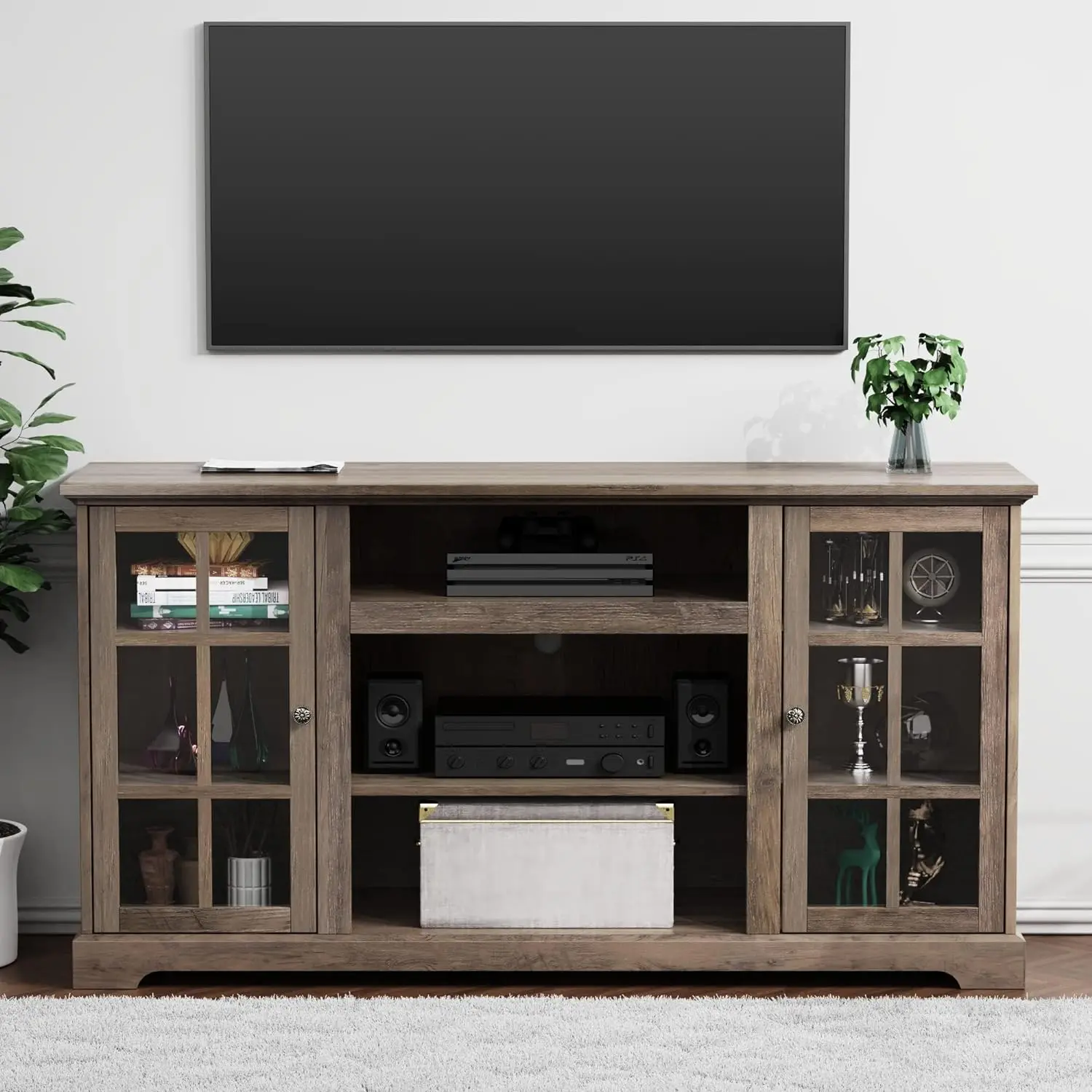 Farmhouse TV Entertainment Center Stand, 65 "TV, 58" Modern Stand com porta de vidro, console alto ou armário de armazenamento