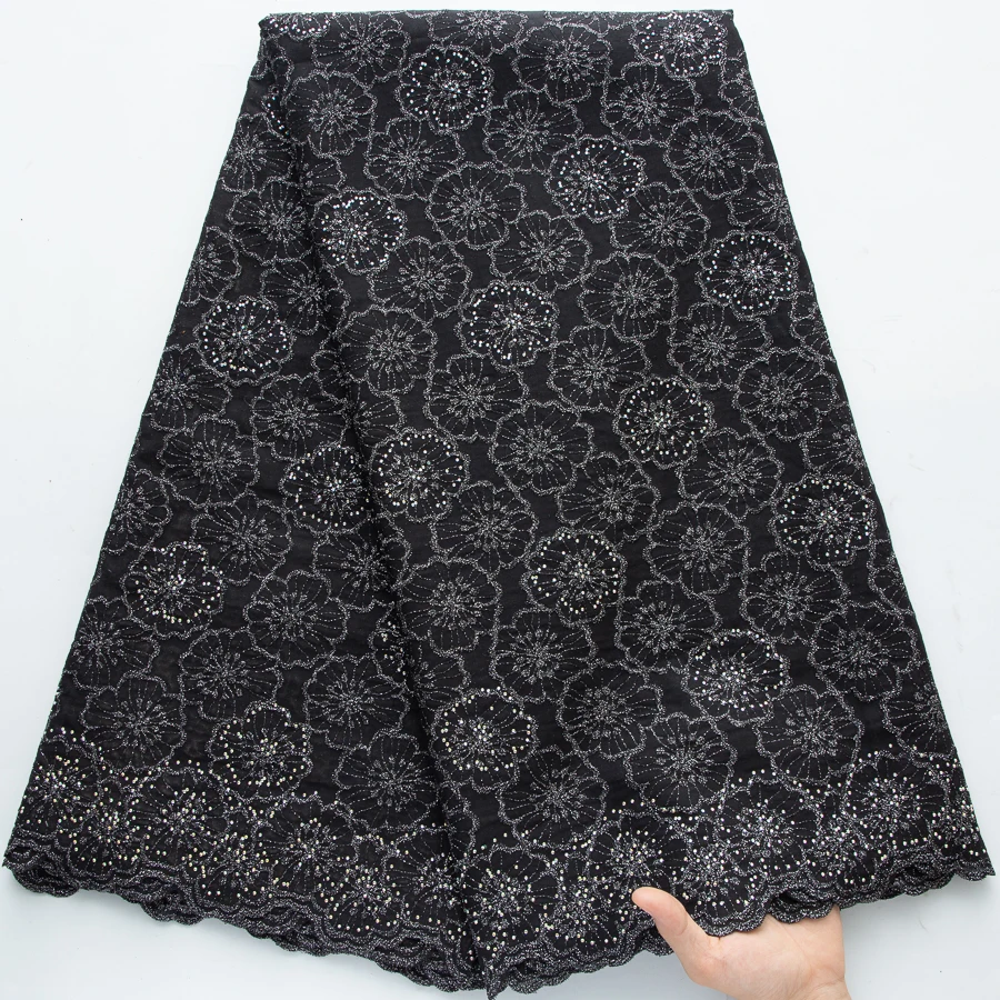 Nigerian Swiss Voile Lace Fabric Rhinestone Floral Embroidery Scalloped Edge High Grade African Cotton Fabric For Wedding Party