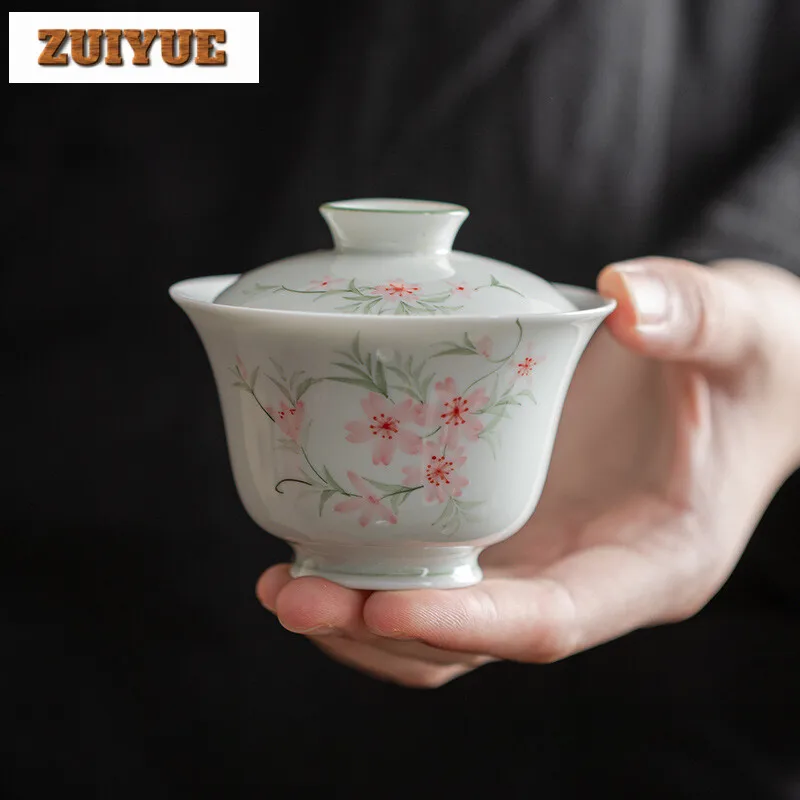 

110ml Jade Mud Handmade Cover Bowl Handpainted Begonia Gaiwan Creative Tea Tureen Tea Maker Tea Cupchinese Tea Set Collection