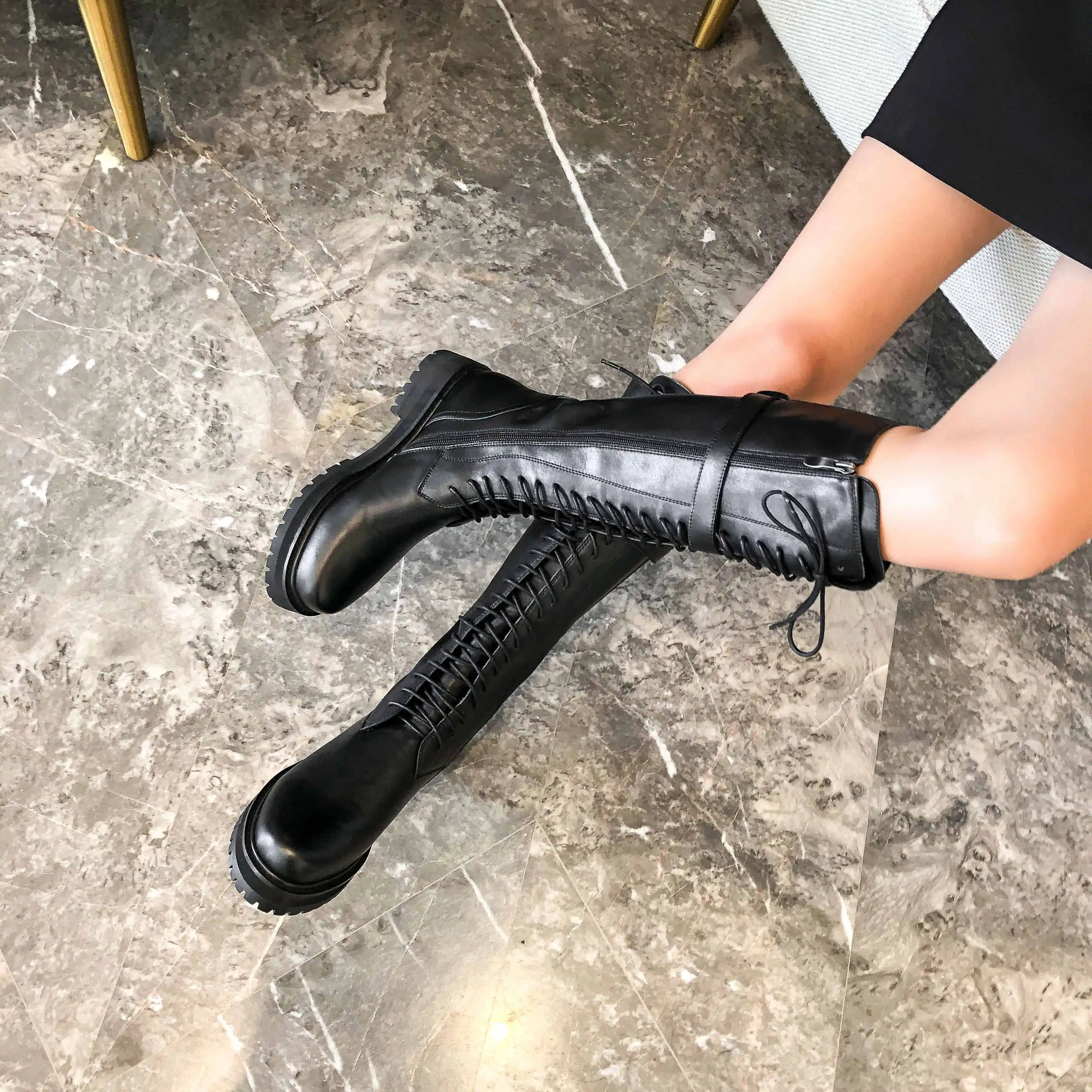 Krazing Topf Großen Größe Echtem Leder Lace Up Med Heels Runde Kappe Punk Superstar Reiten Stiefel Schnalle Verschluss Über-die-knie Stiefel