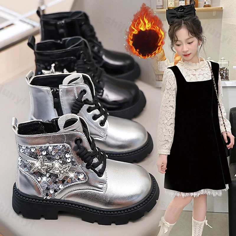 Luxury Girls Princess Ankle Boots New 2025 Winter Sweet Sequins Children Fashion Short Boots Glossy Kids Causal Cotton Boots