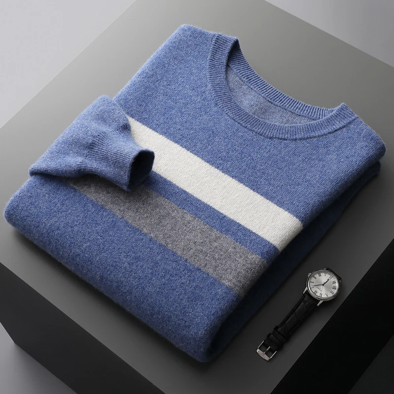 100% merino cashmere sweater in autumn / winter thickened men's round neck contrast jacquard long sleeve business casual sweater