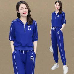 Women's Tracksuit  2022 Summer New Female Slim Leggings Pants Short Sleeves Top Casual Set Of Two Fashion Pieces For Women Suit