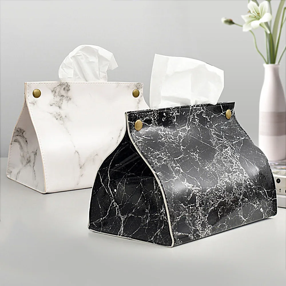 Tissue Case Box Container PU Leather Marble Pattern Napkin Holder Tissue Box Papers Bag Cosmetic Box Case Pouch Organizer