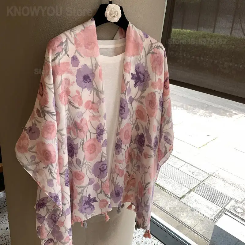 Women's Fresh Long Scarf Soft Cotton and Linen Te-ture Love Tassel Shawl Spring and Summer Lightweight and Breathable Travel